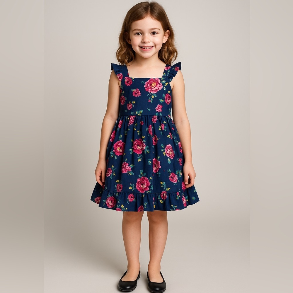 New! ZunieβGirl Cotton Floral A-Line Knee-Length Dress Navyβ Multi, size 14-16